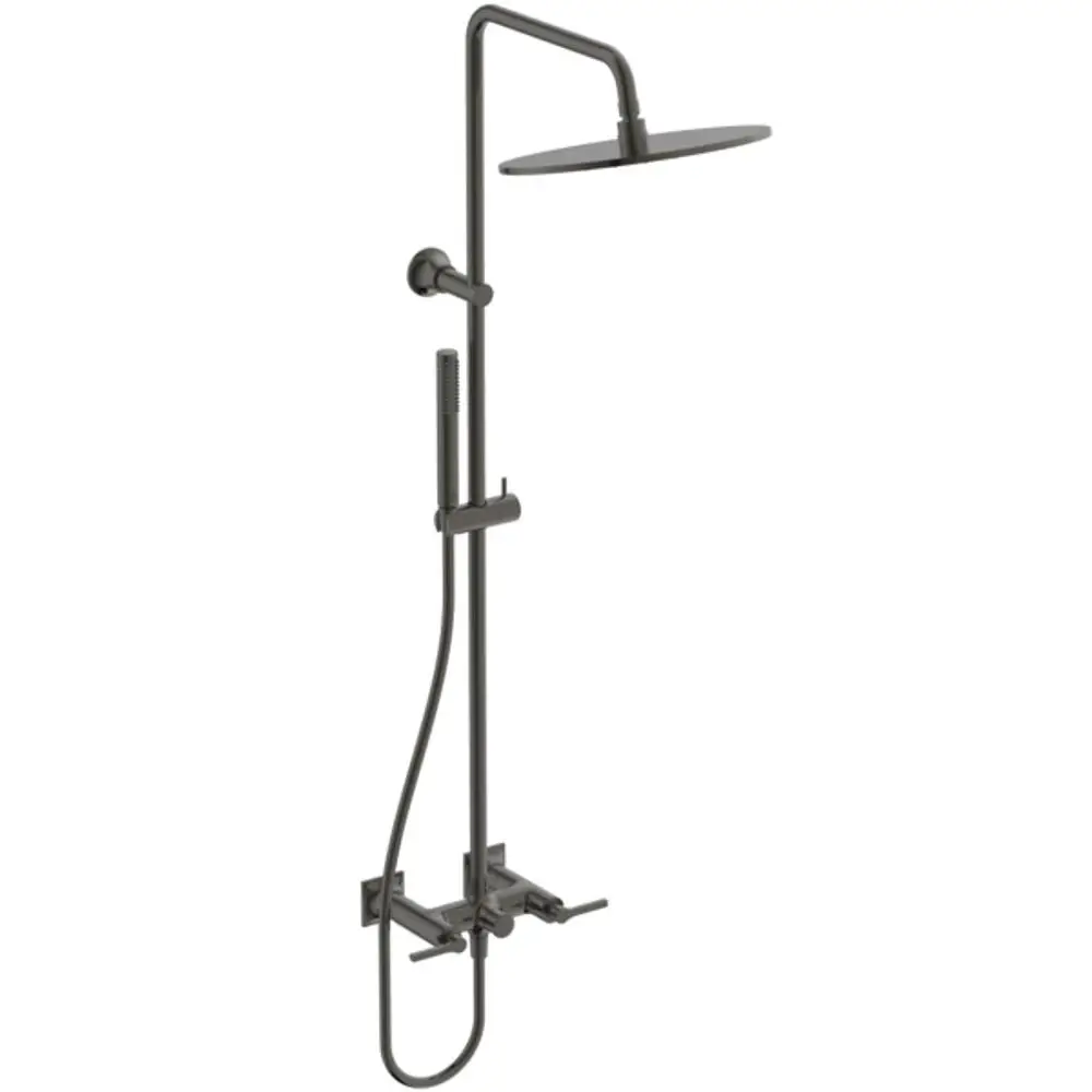 Duschsystem von Ideal Standard in einer mattschwarzen Ausführung mit Kopfbrause, Handbrause und zwei Hebelgriffen zur Temperatur- und Mengeneinstellung.